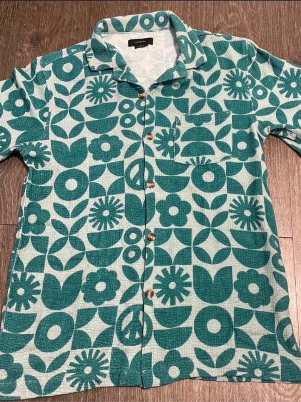 Cotton On Teal and White Geometric Floral Button-Down Shirt